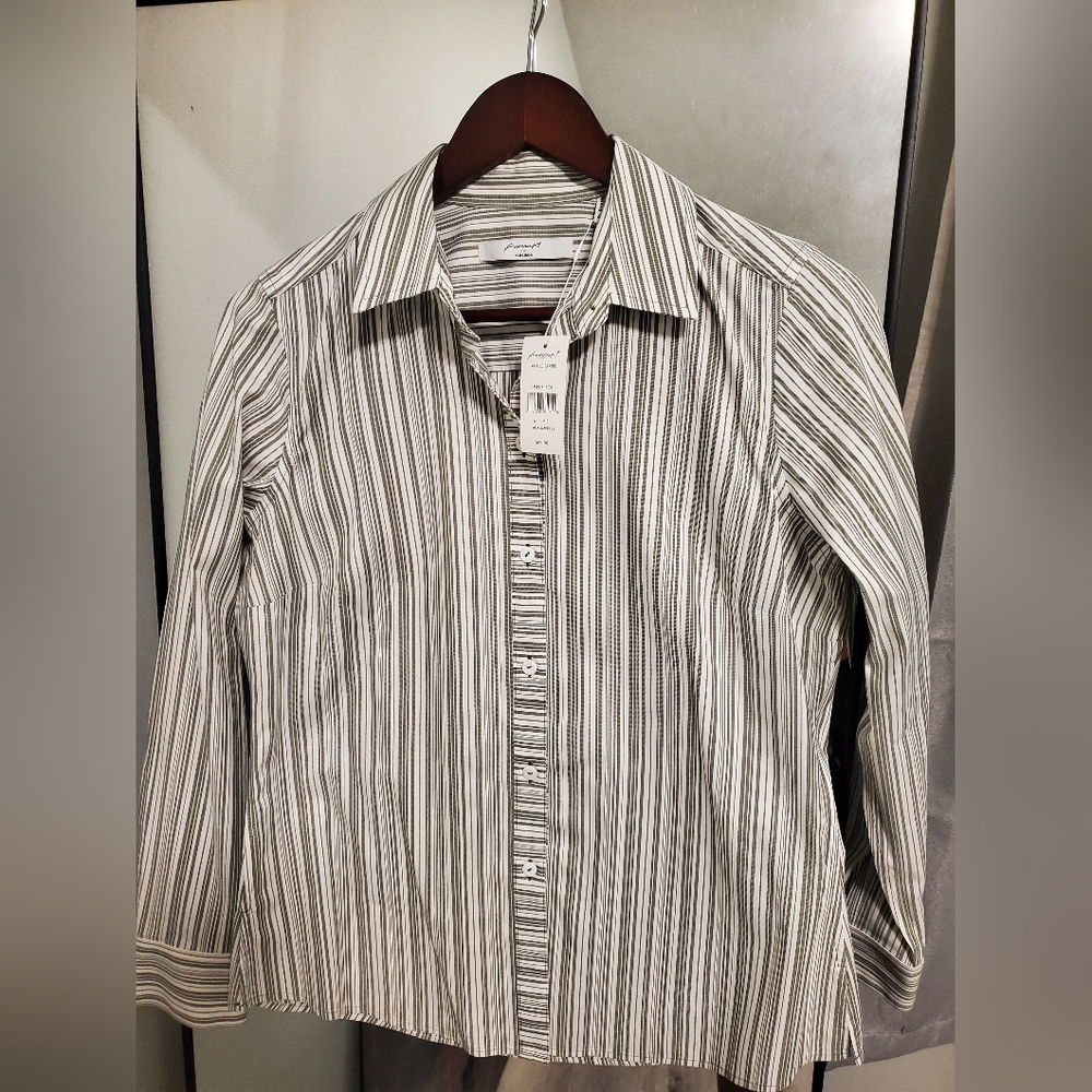 Foxcroft Women's Ava Non-Iron Striped Collar Button Down Shirt 6 M Autumn Ivy